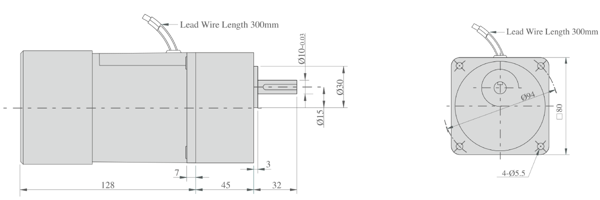 25watt-em-brake-motor-gearbox-with-lead-wires-side-view