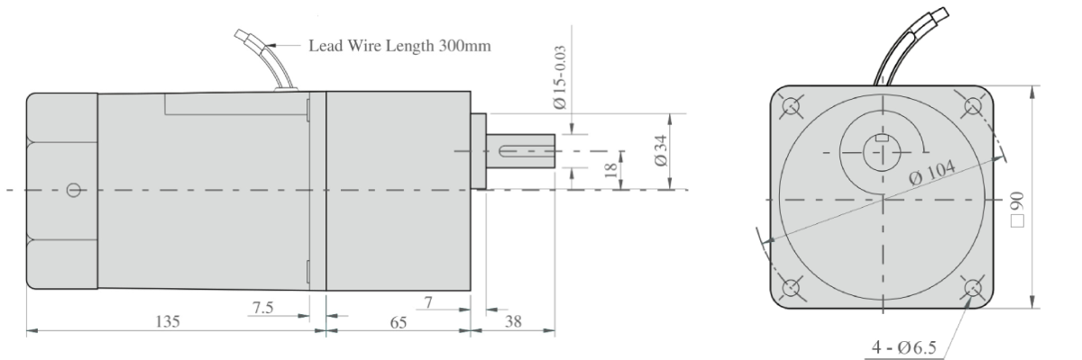 90watt-induction-motor-gearbox-with-lead-wires-side-view